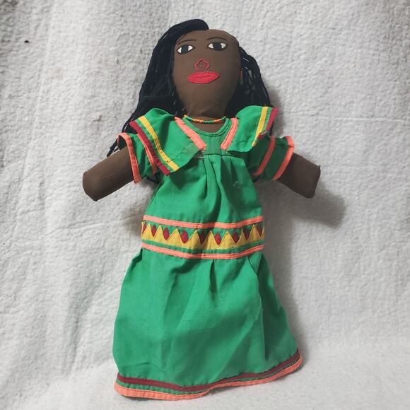 Handmade Black Rag Doll With Stitched Face And Jewelry 15" - Picture 1 of 8